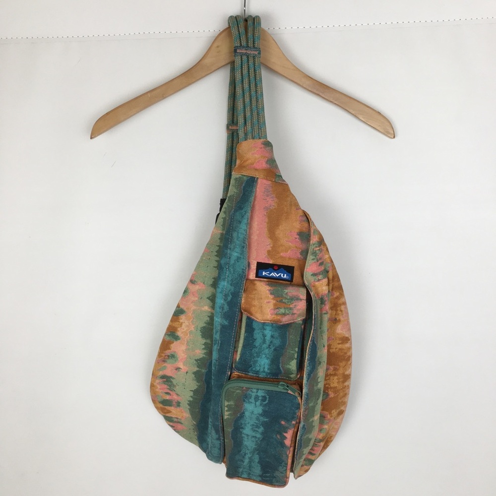 KAVU Rope Sling Bag Tie Dye Teal Peach Crossbody Bag Backpack Rope Strap Canvas